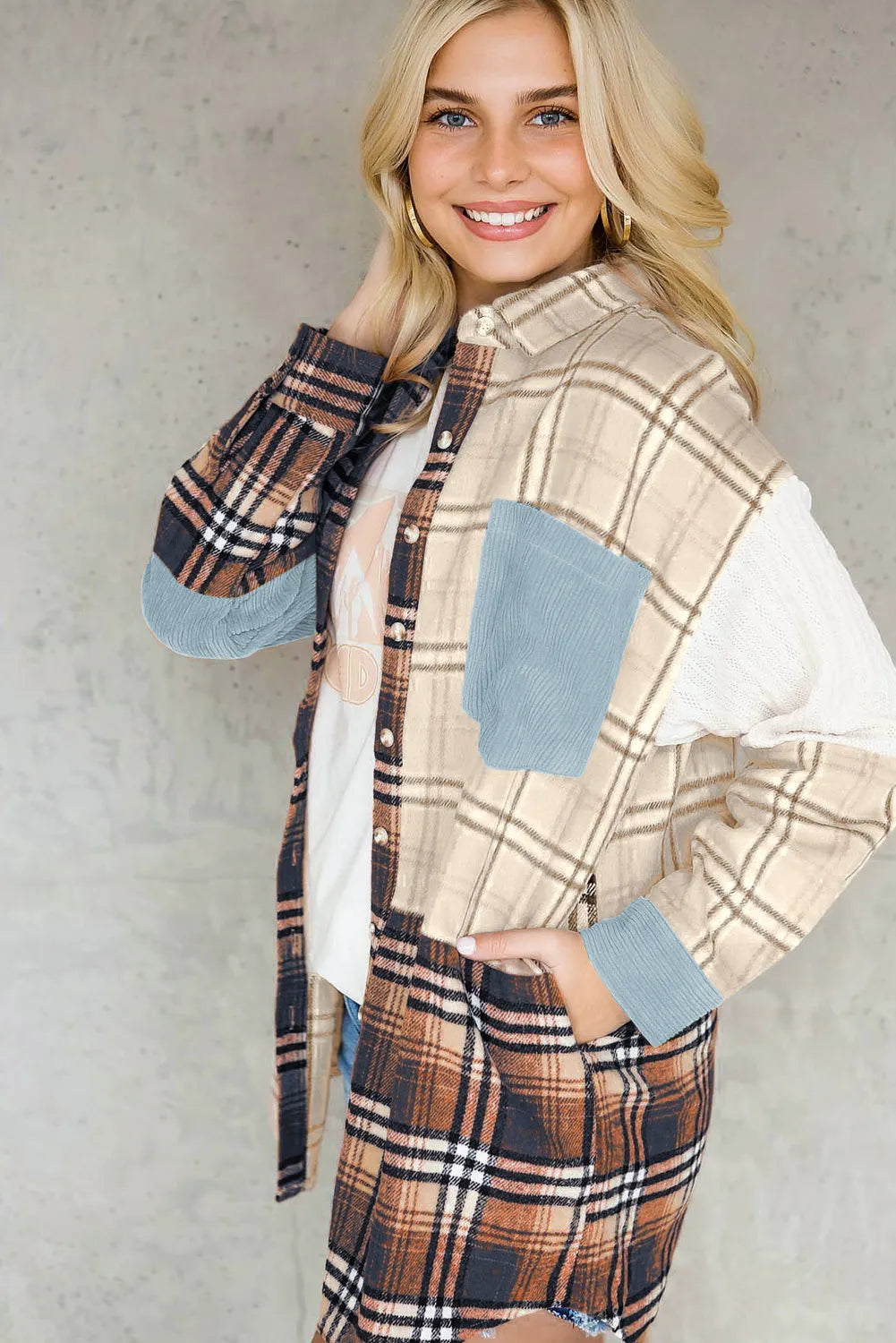 Blue Plaid Color Block Patchwork Shirt Jacket with Pocket - Chic Meadow Boutique 