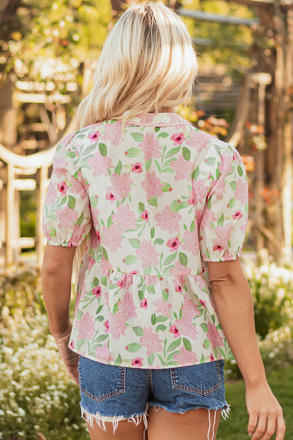 Pink Floral Print Drawstring V Neck Peplum Blouse