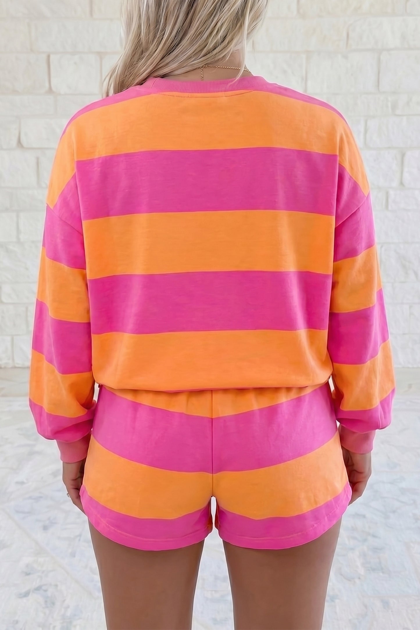 Pink Stripe Long Sleeve Casual Top Drawstring Shorts 2pcs Set