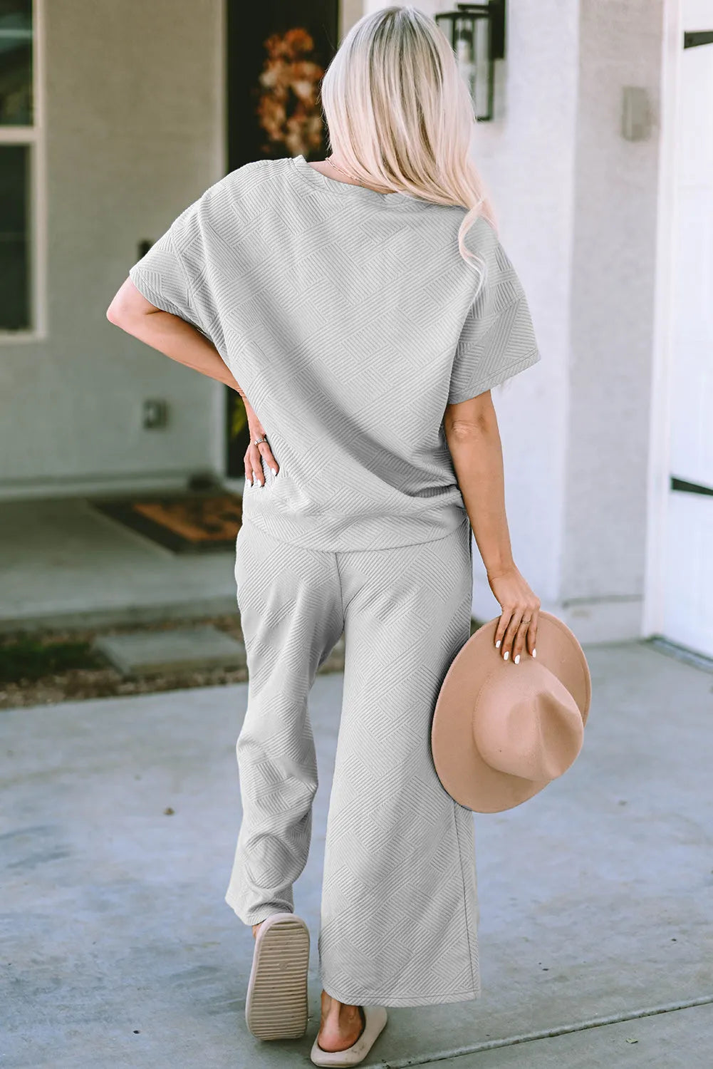 Gray Textured Loose Fit T Shirt and Drawstring Pants Set - Chic Meadow Boutique 