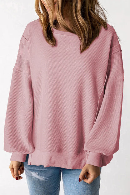 Pink Waffle Knit Bishop Sleeve Split Oversized Sweatshirt - Chic Meadow Boutique 