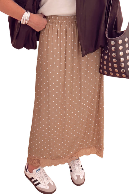 Khaki Polka Dot Lace Hem Elegant Long Shift Skirt