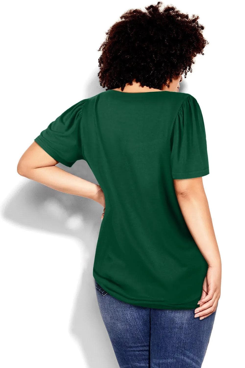 Plus Size/Plus Size Tops/Plus Size Tops & Tees Green Plus Size Square Neck Ruched Shoulder Short Sleeve Top