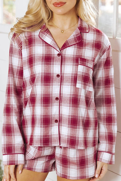 Red Retro Plaid Long Sleeve Shirt Drawstring Shorts 2pcs Lounge Set