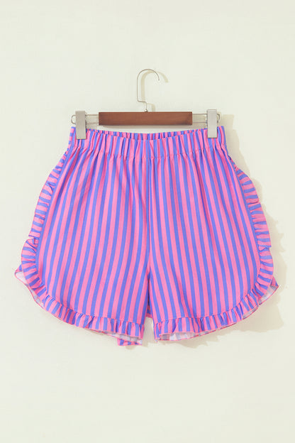Rose Stripe Elastic Waist Ruffle Trim Casual Shorts
