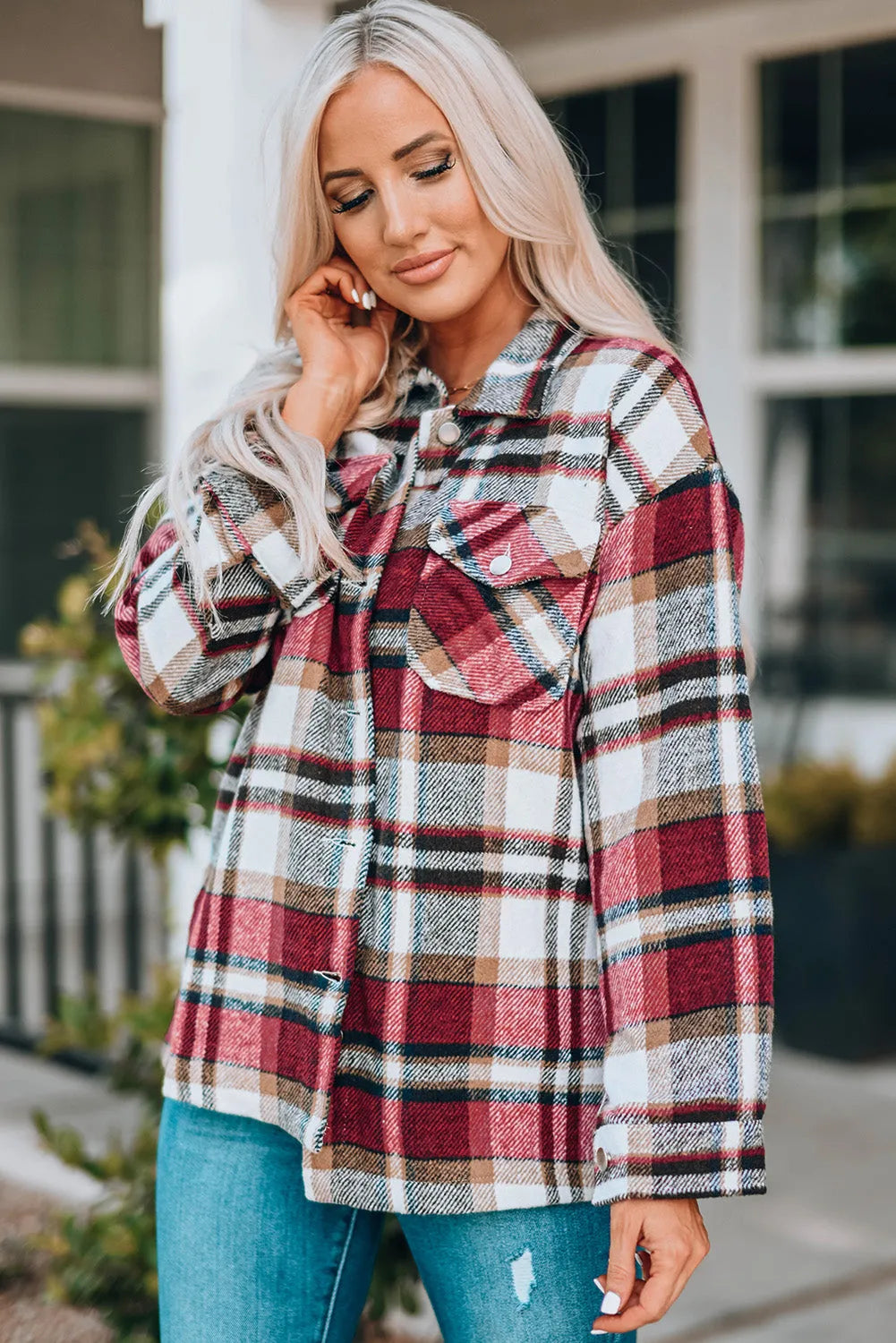 Fiery Red Geometric Plaid Print Pocketed Shacket - Chic Meadow Boutique 