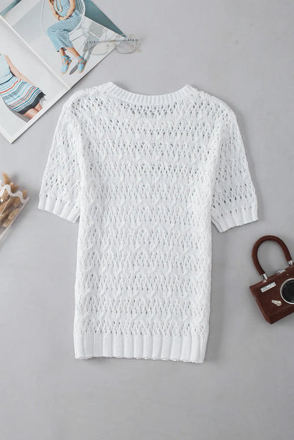 White Hollow-out Textured Half Sleeve Sweater - Chic Meadow Boutique 