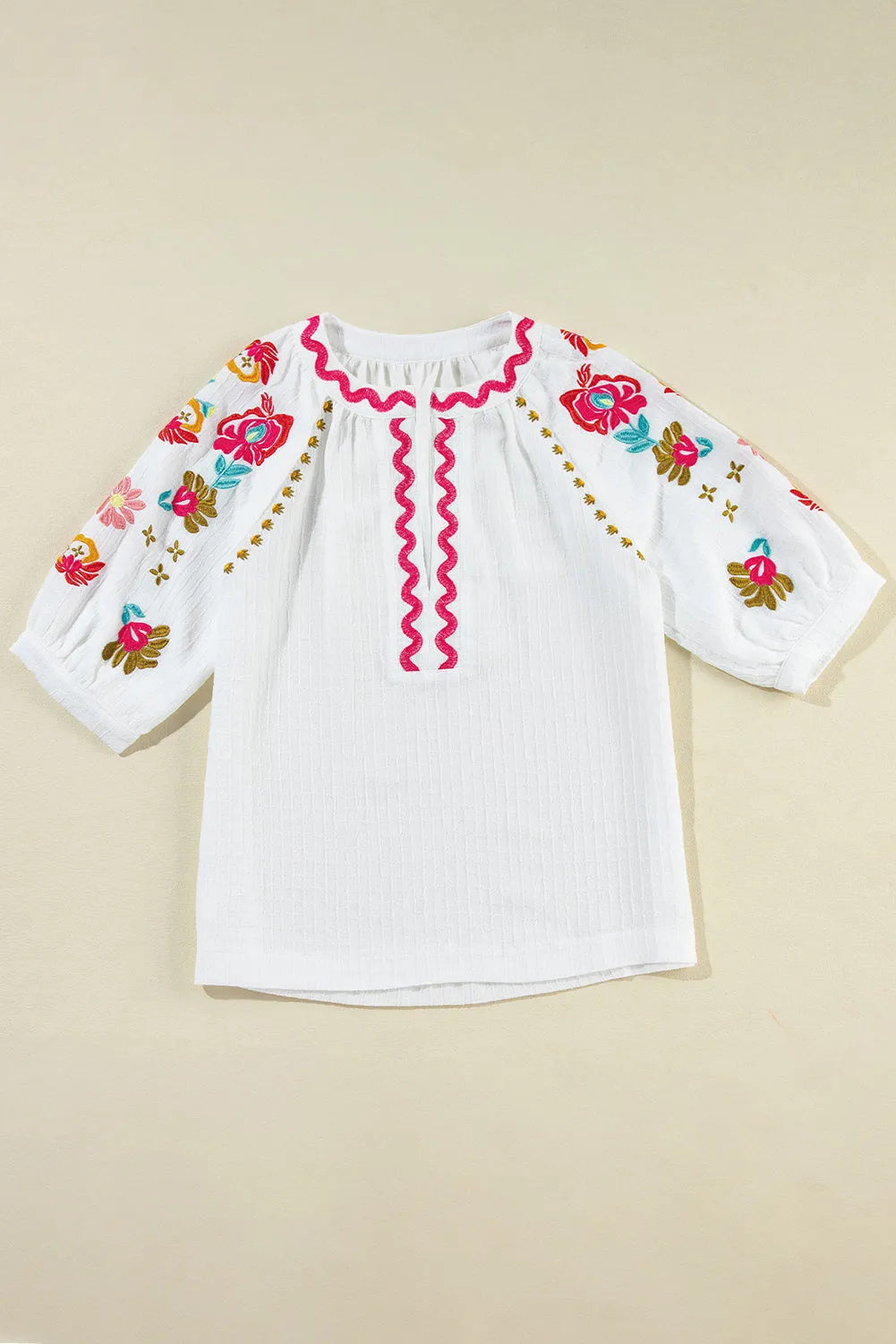 White Floral Embroidered Ricrac Puff Sleeve Textured Blouse - Chic Meadow Boutique 