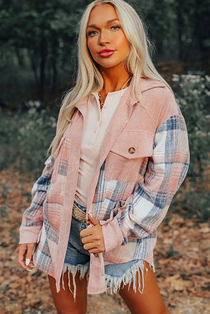 Light Pink Plaid Corduroy Patchwork Chest Pocket Shacket - Chic Meadow Boutique 