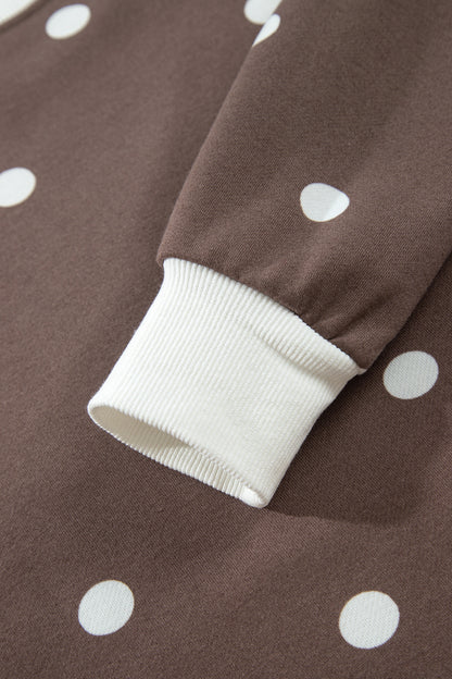 Brown Polka Dot Ribbed Trim Long Sleeve Top Casual Short Set