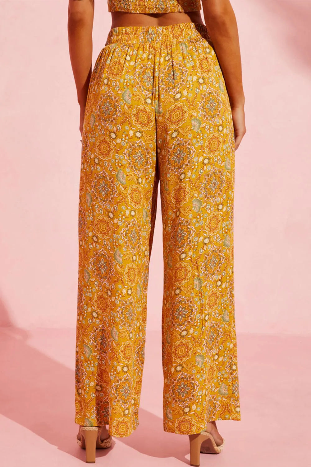 Yellow Bohemian Floral Print Pocketed Wide Leg Pants - Chic Meadow Boutique 