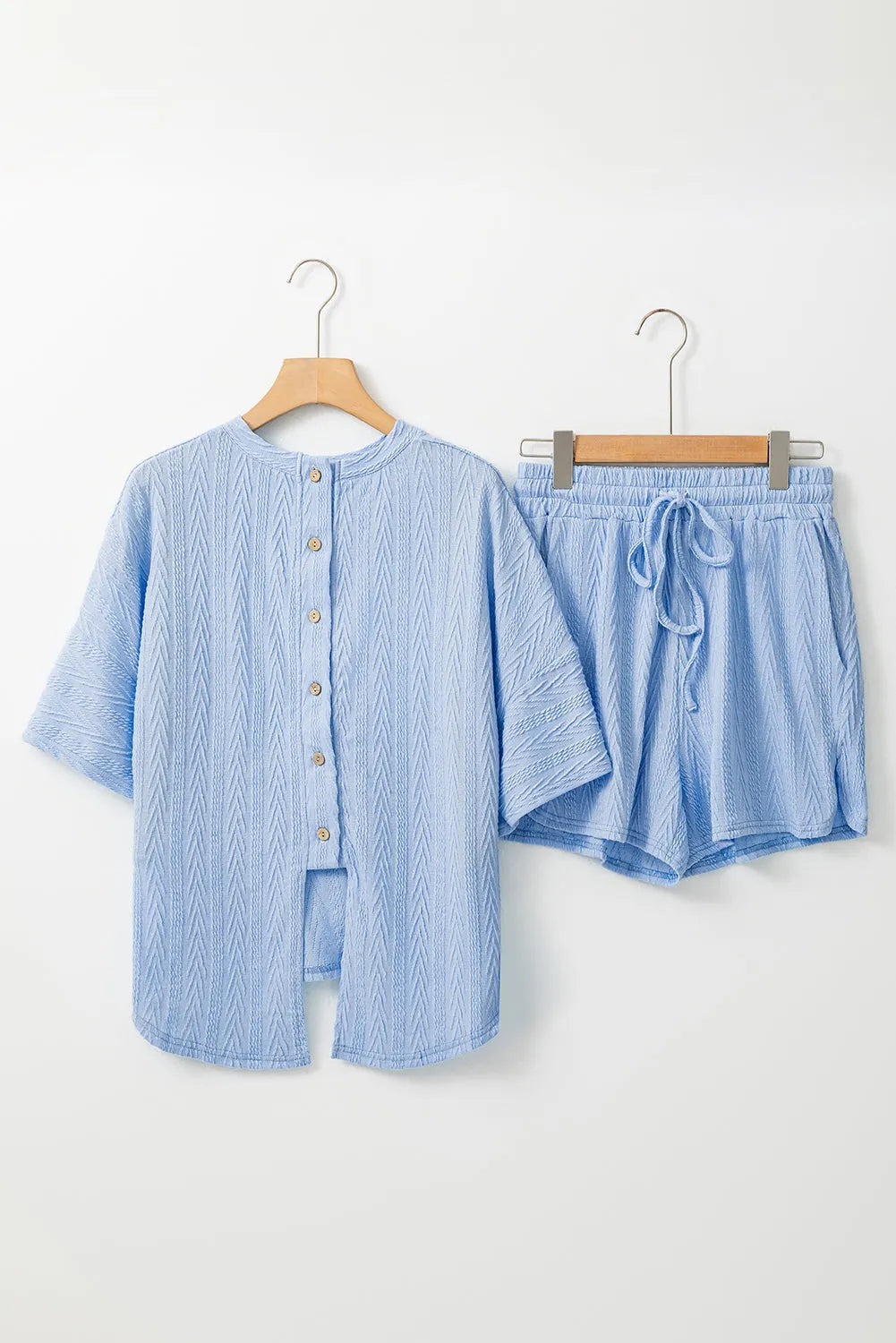 Beau Blue Textured Buttoned Slit Back Tee Shorts Set - Chic Meadow Boutique 