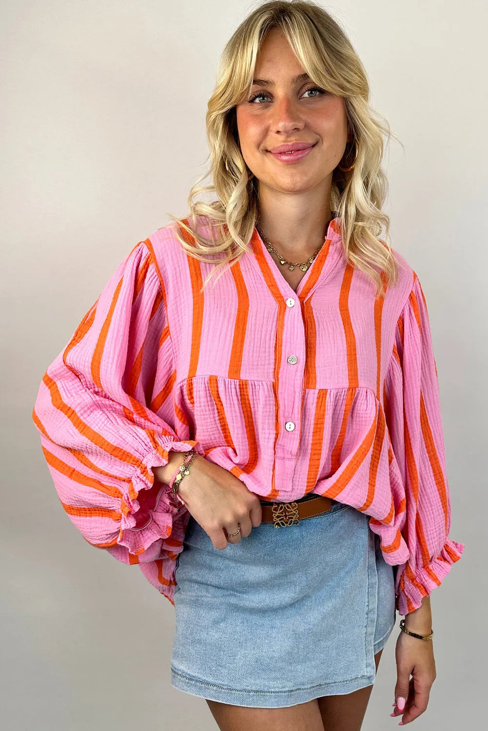 Orange Stripe Crinckled Ruffled Sleeve Button up Loose Shirt - Chic Meadow Boutique 