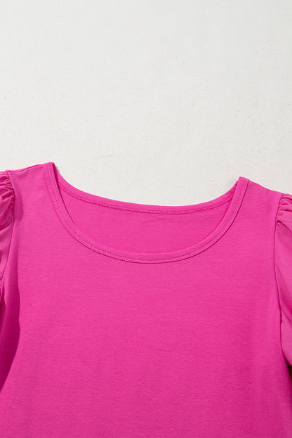 Strawberry Pink Casual Round Neck Bubble Sleeve T-shirt