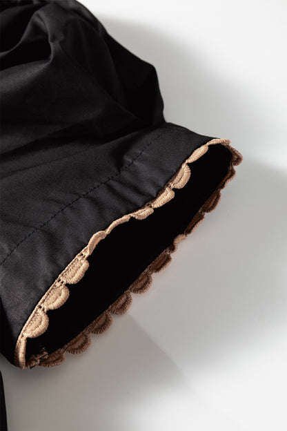 Black Ricrac Trim Color Block Patchwork Shirt Collar Short Sleeve Blouse