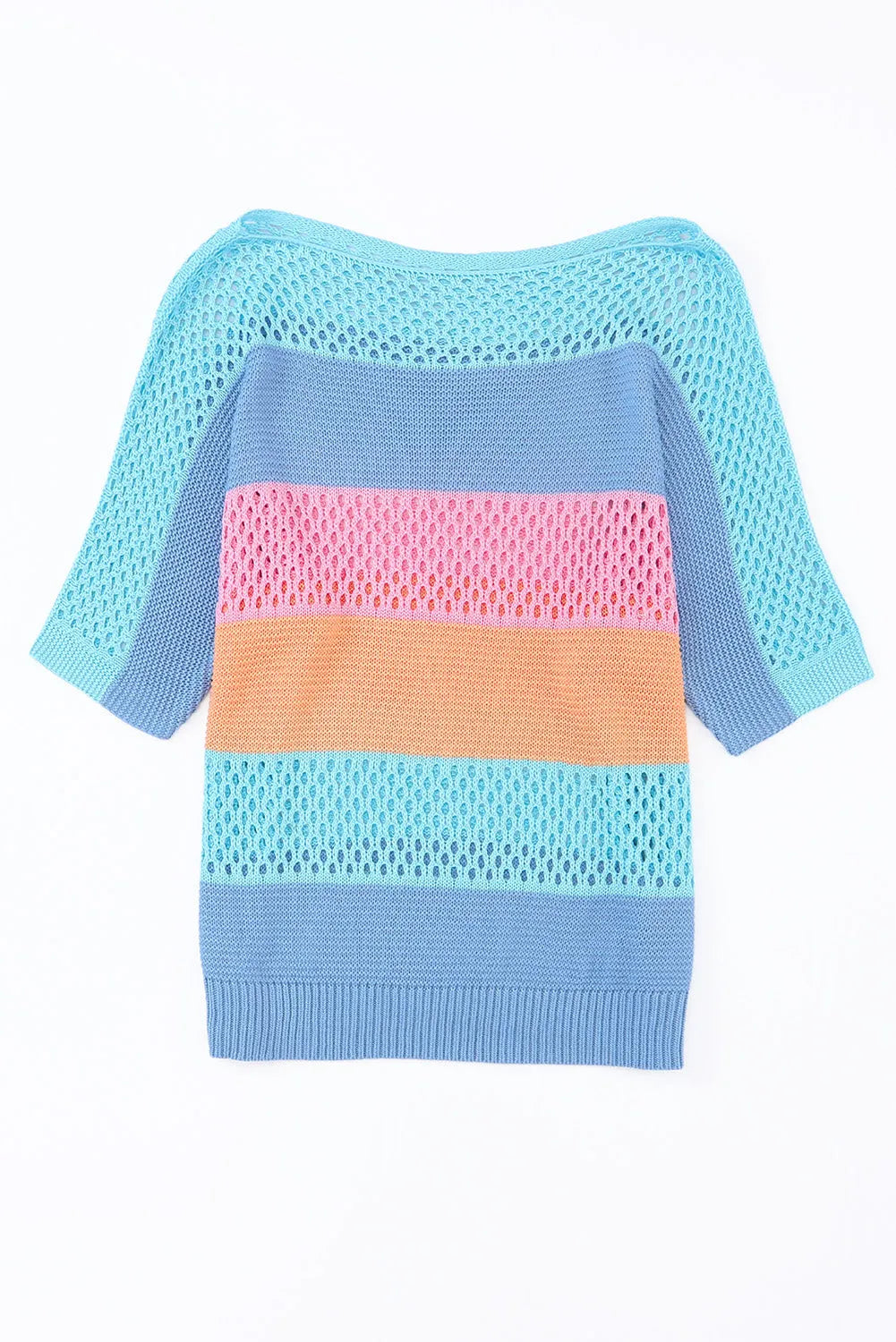 Sky Blue Knitted Eyelet Colorblock Striped Half Sleeves Top - Chic Meadow Boutique 