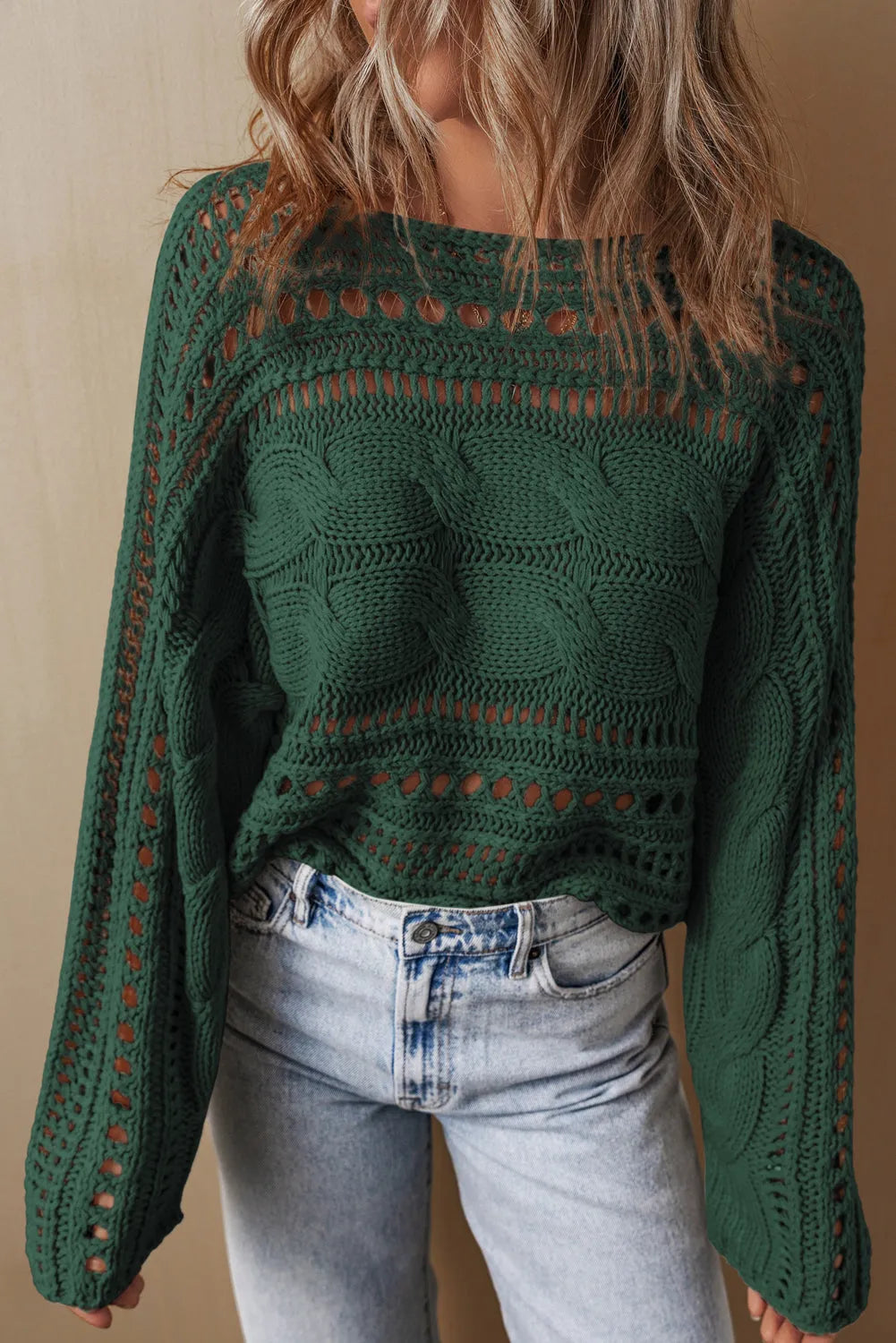 Blackish Green Hollow-out Cable Knit Cropped Sweater - Chic Meadow Boutique 