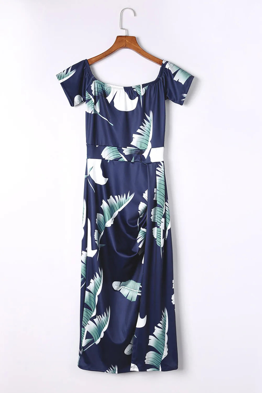 Blue Pattern Print Off Shoulder Slit Bodycon Midi Dress - Chic Meadow Boutique 