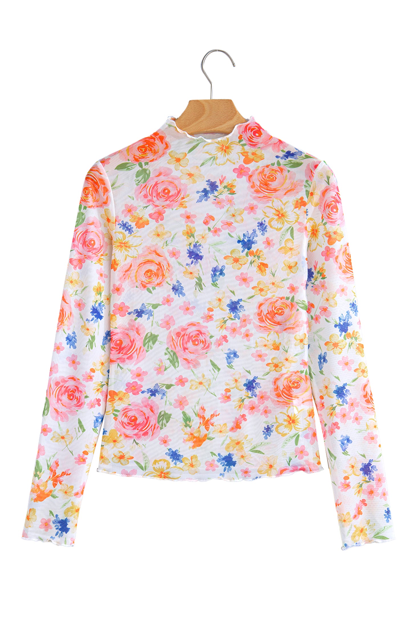 White Lettuce Trim Floral Print Sheer Mesh Long Sleeve Top