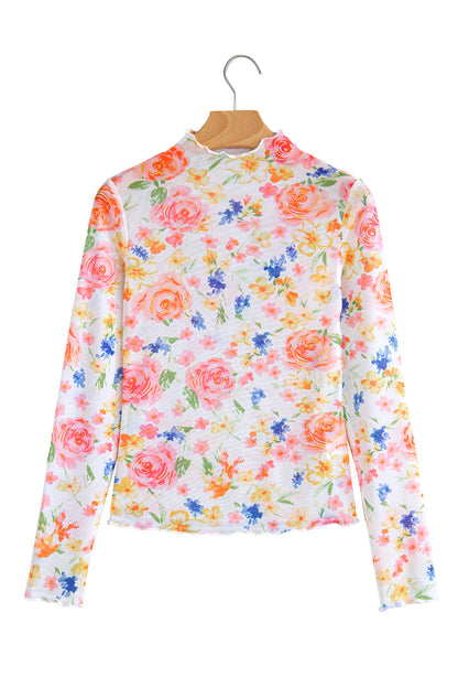 White Lettuce Trim Floral Print Sheer Mesh Long Sleeve Top