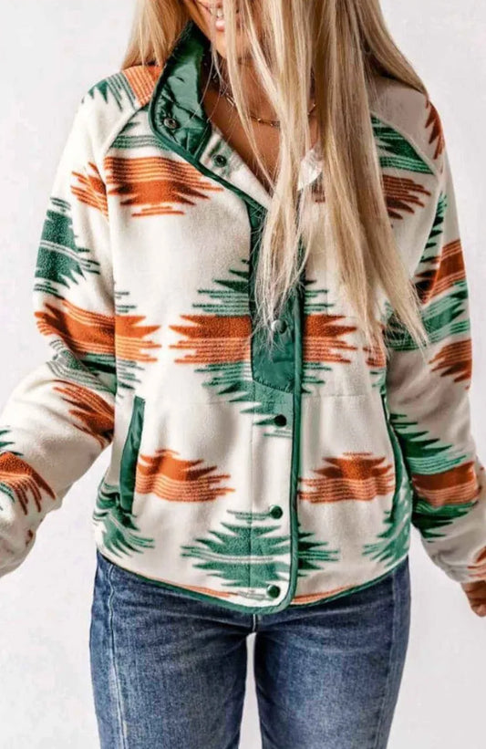 Multicolour Western Aztec Snap Buttoned Fleece Jacket - Chic Meadow Boutique 