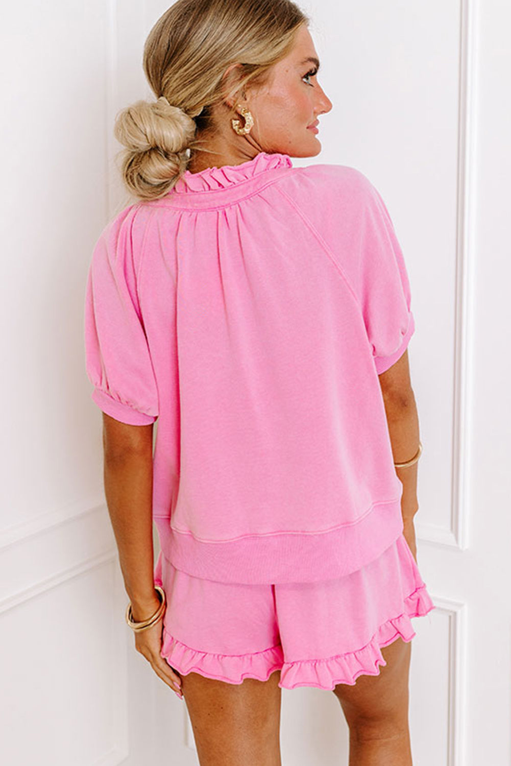 Pink Half Zip Puff Sleeve Top and Ruffled Shorts Set