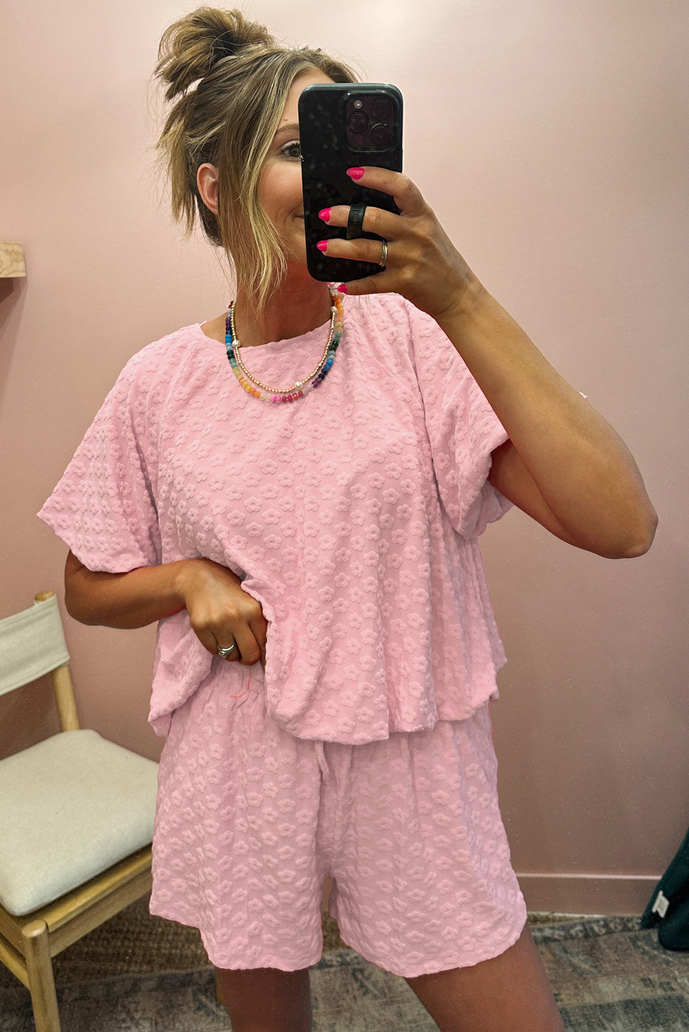 Coral Paradise Daisy Jacquard Textured Casual Short Set