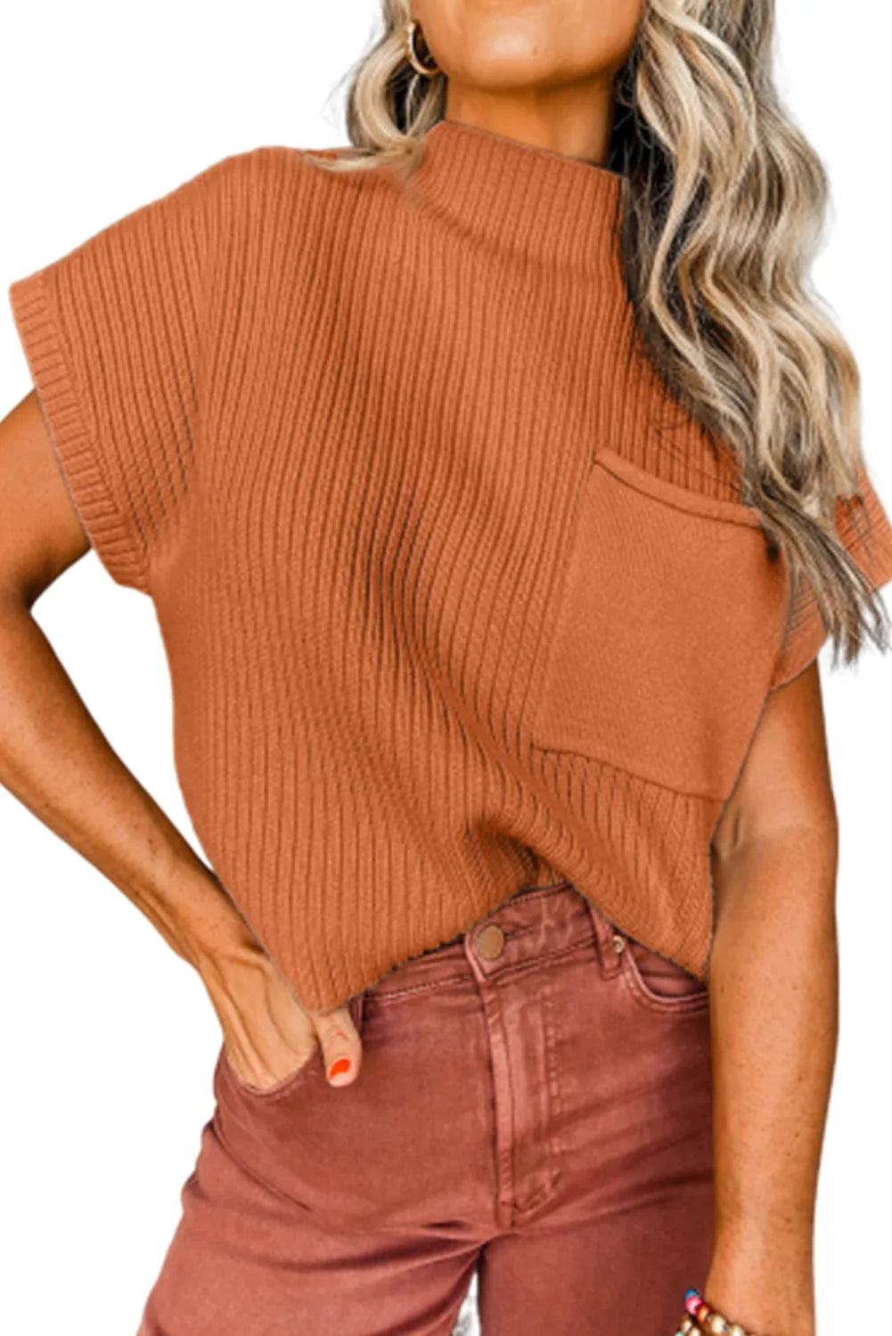 Gold Flame Patch Pocket Ribbed Knit Short Sleeve Sweater - Chic Meadow Boutique 