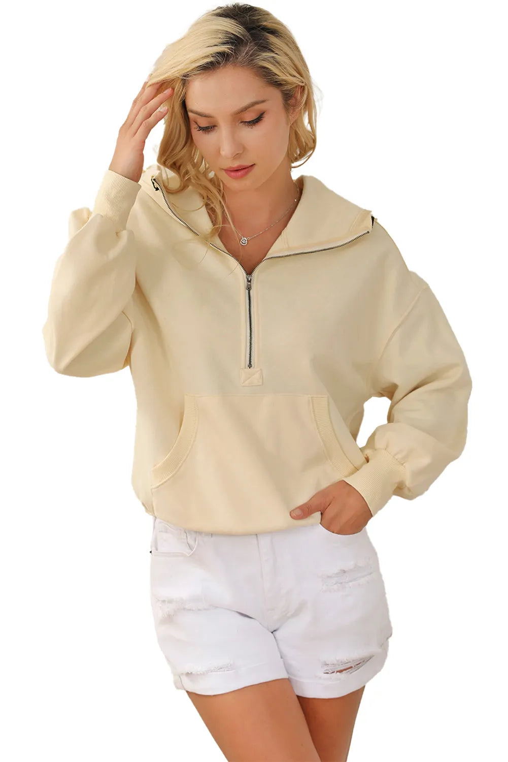 Beige Ribbed Trim Kangaroo Pocket Zipped Hoodie - Chic Meadow Boutique 