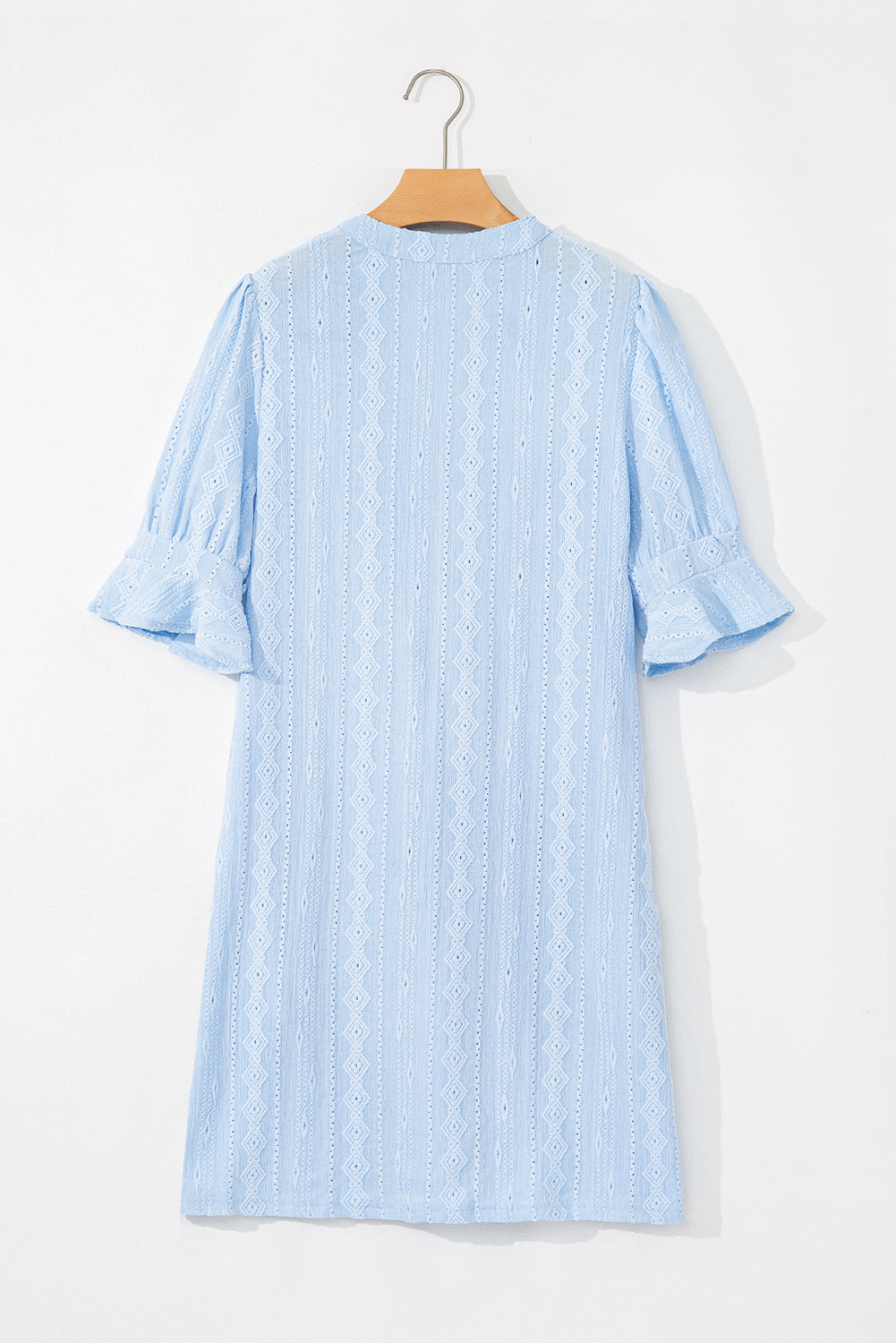 Beau Blue Jacquard Texture Flared Short Sleeve Notched Neck Mini Dress
