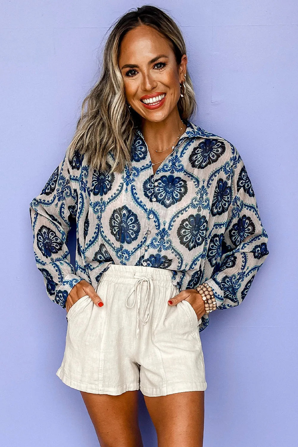 Blue Tribal Pattern Buttoned Front Loose Shirt - Chic Meadow Boutique 