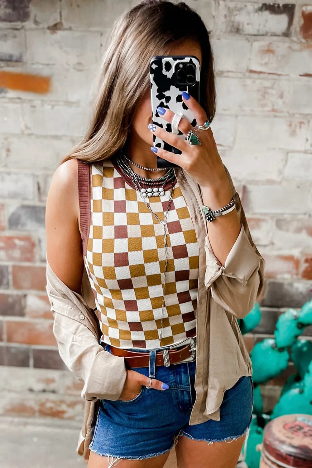 Brown Checkered Ribbed Trim Knit Sweater Vest - Chic Meadow Boutique 