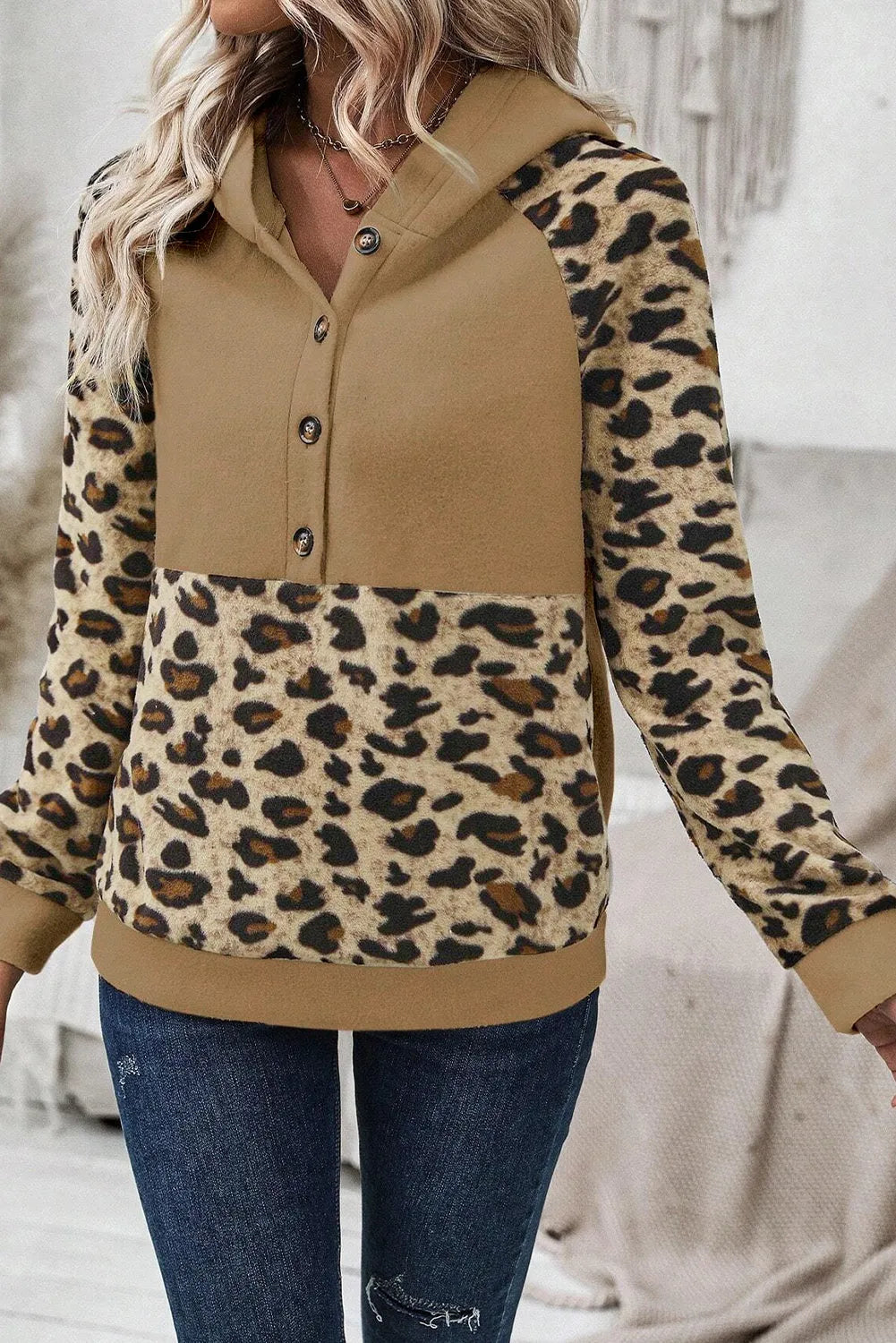 Light French Beige Leopard Print Patchwork Raglan Sleeve Half Buttons Hoodie - Chic Meadow Boutique 