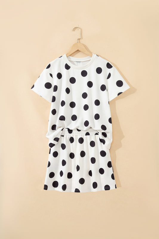 White Polka Dot Short Sleeve Top Casual Skort 2pcs Outfit