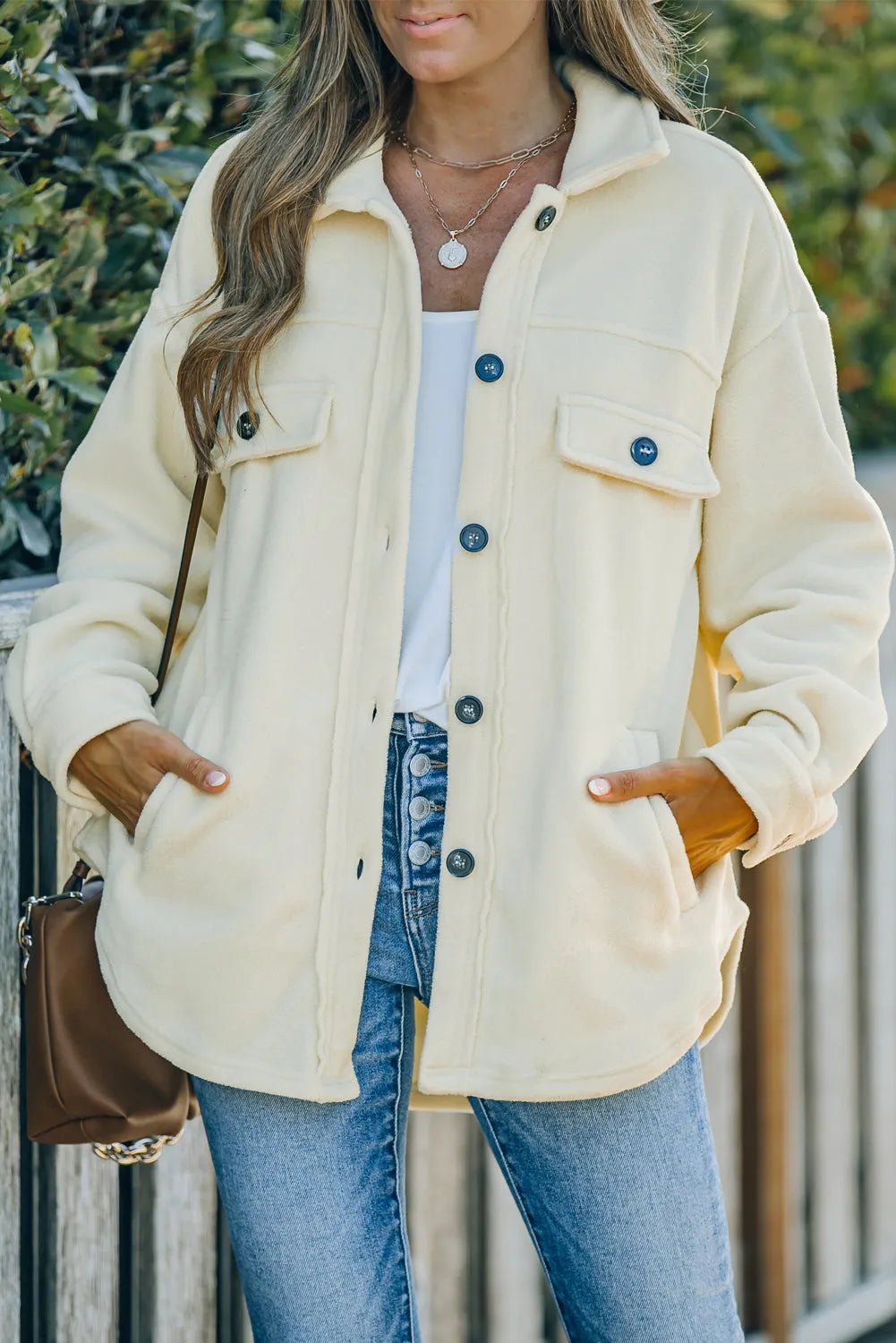 Beige Turn Down Collar Buttoned Shirt Jacket - Chic Meadow Boutique 