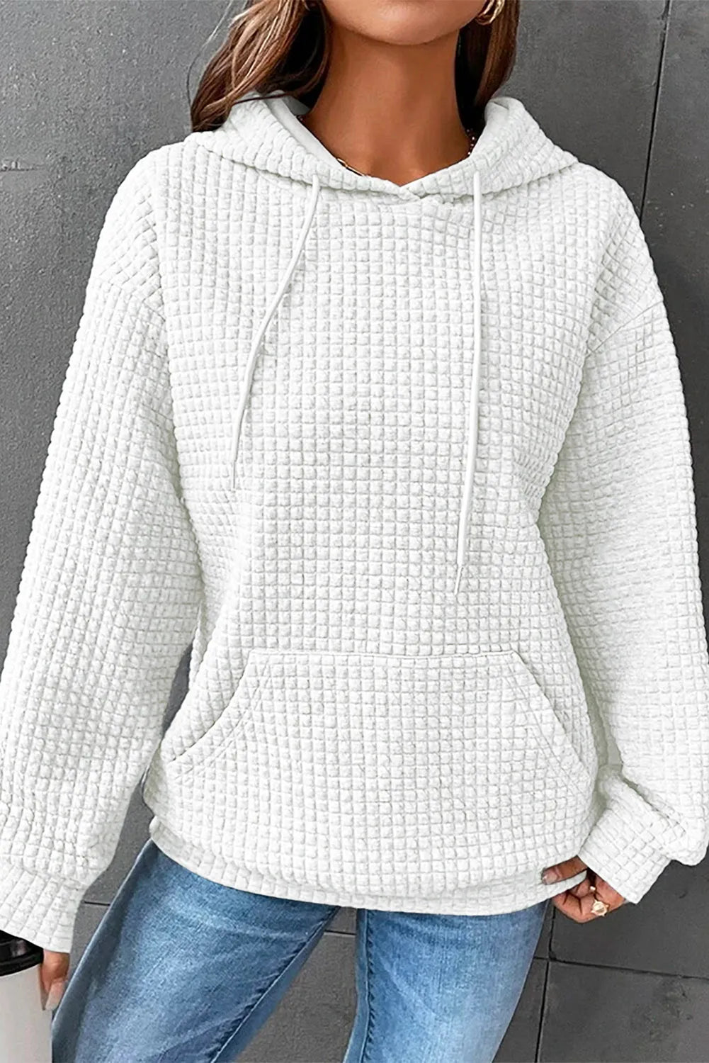 White Quilted Kangaroo Pocket Drawstring Hoodie - Chic Meadow Boutique 