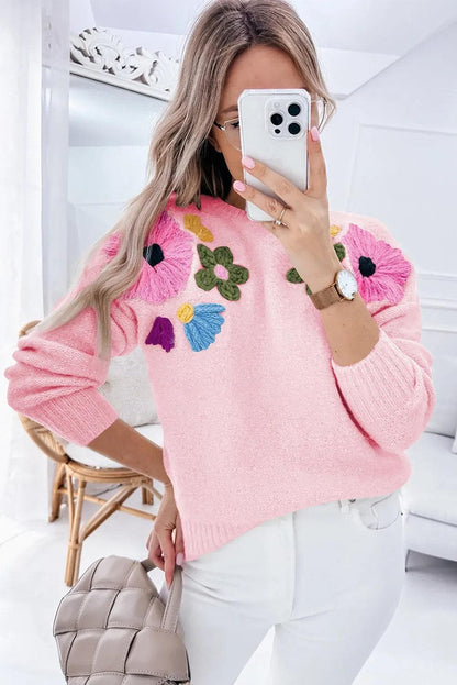 Sweaters & Cardigans/Sweaters Pink Knitted Flower Pattern Ribbed Edge Sweater