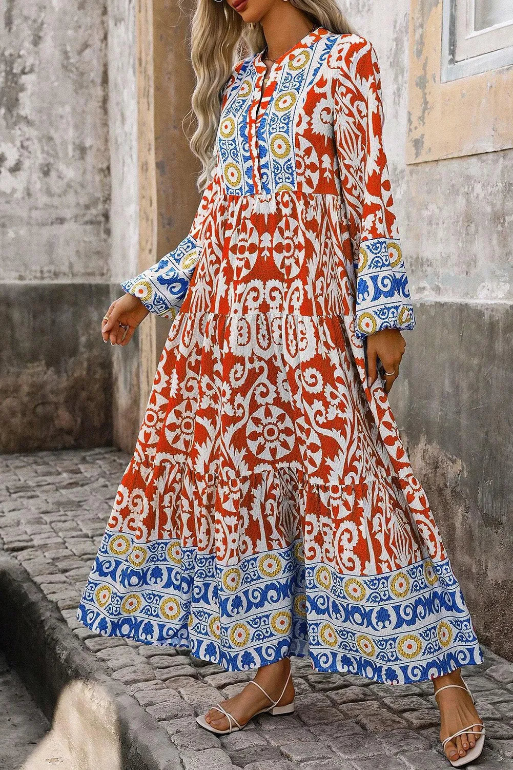 Orange Boho Geometric Printed Long Sleeve Maxi Dress - Chic Meadow Boutique 