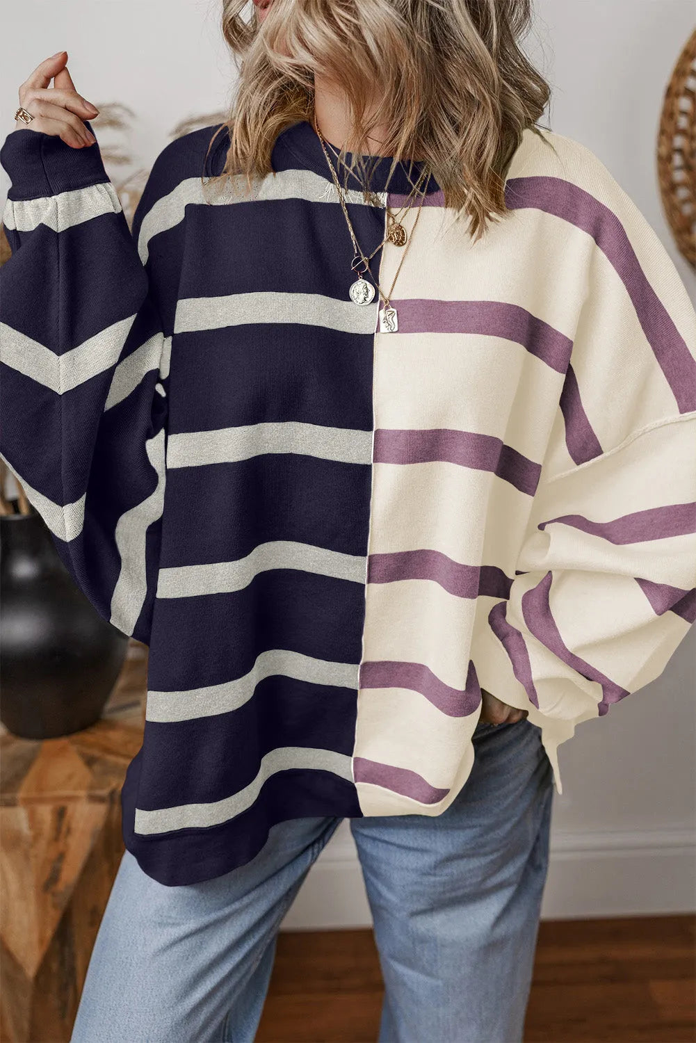 Blue Stripe Colorblock Oversized Sweater - Chic Meadow Boutique 