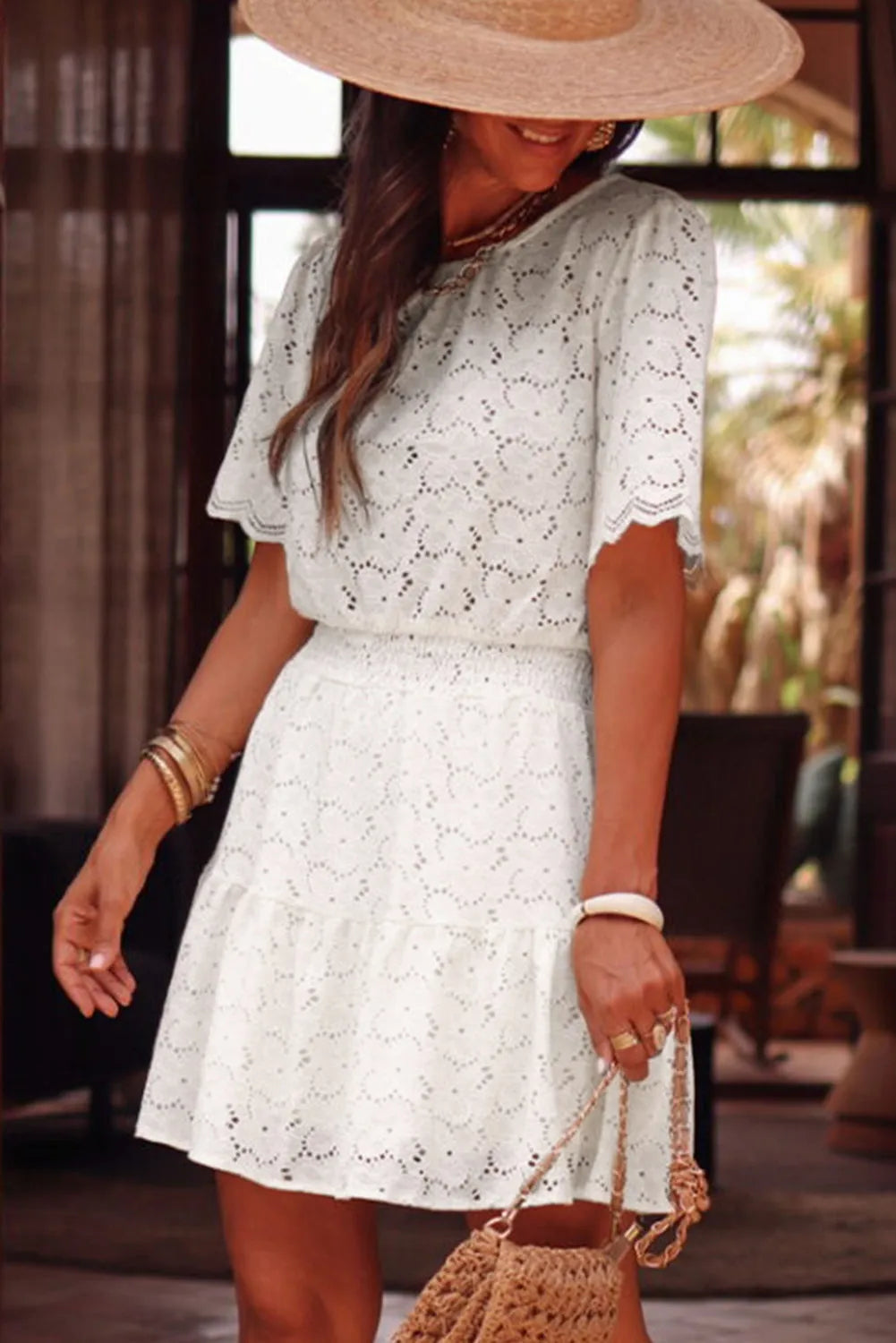 Beige Scalloped Floral Lace Crochet Short Sleeve Mini Dress - Chic Meadow Boutique 