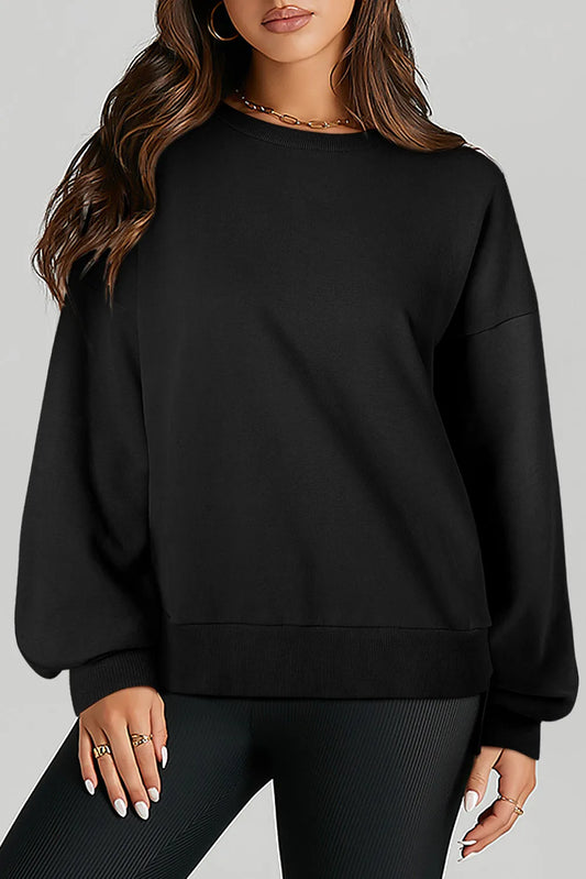 Black Solid O Neck High Low Hem Pullover Sweatshirt - Chic Meadow Boutique 