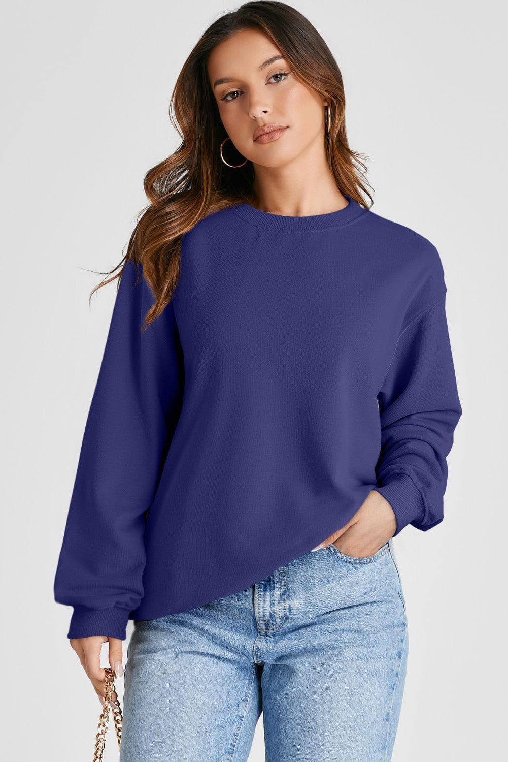 Tops/Sweatshirts & Hoodies Navy Blue Plain Drop Shoulder Crewneck Pullover Sweatshirt