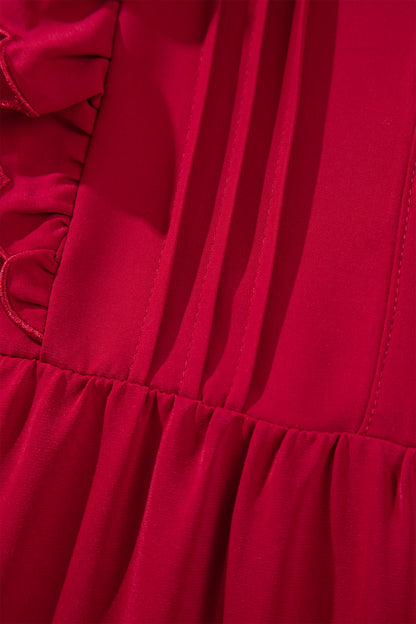 Racing Red Solid Color Ruffle Trim Long Sleeve Tiered Shift Midi Dress