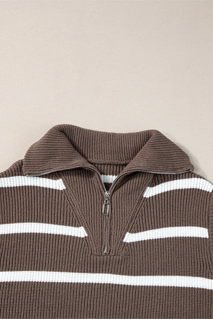 Brown Stripe Zipped Collar Cap Sleeve Knit Top - Chic Meadow Boutique 