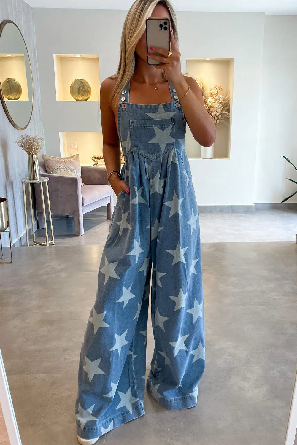 Star Print Buttoned Strap Pleat Wide Leg Denim Overall - Chic Meadow Boutique 