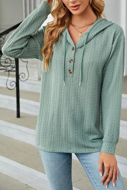 Mint Green Button Front Textured Drawstring Hooded Long Sleeve Top - Chic Meadow Boutique 