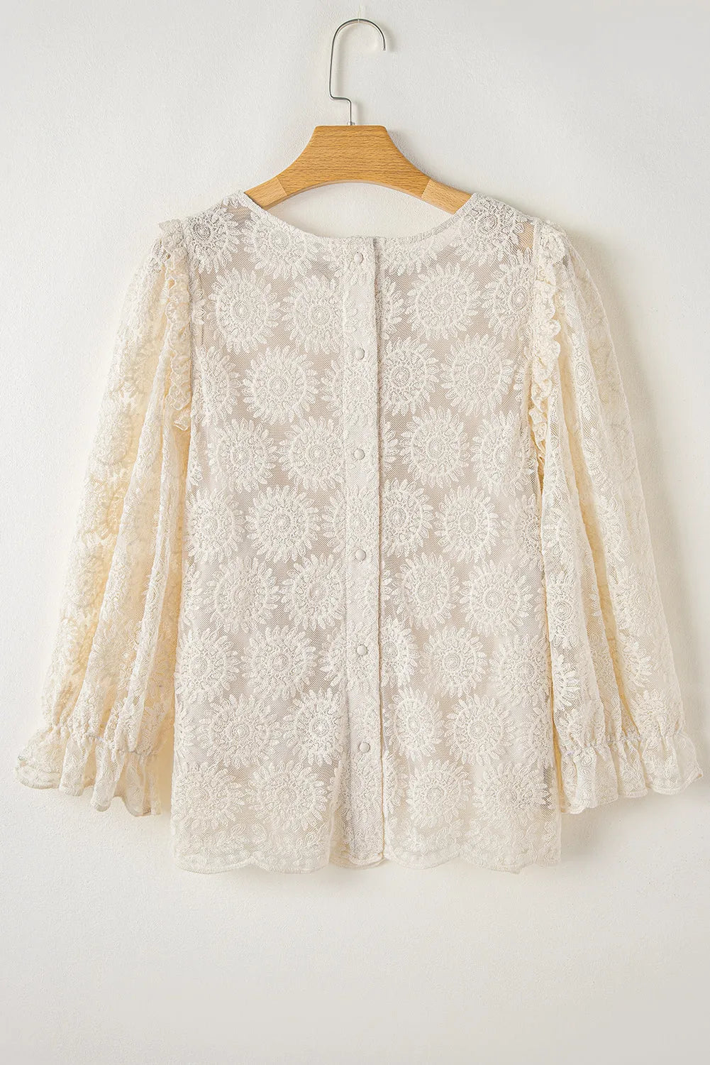 Oatmeal Flower Jacquard Button Back Ruffled 3/4 Sleeve Blouse - Chic Meadow Boutique 