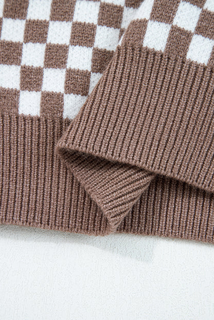 Dark Brown Half Button Ribbed Trim Checkerboard Knit Sweater