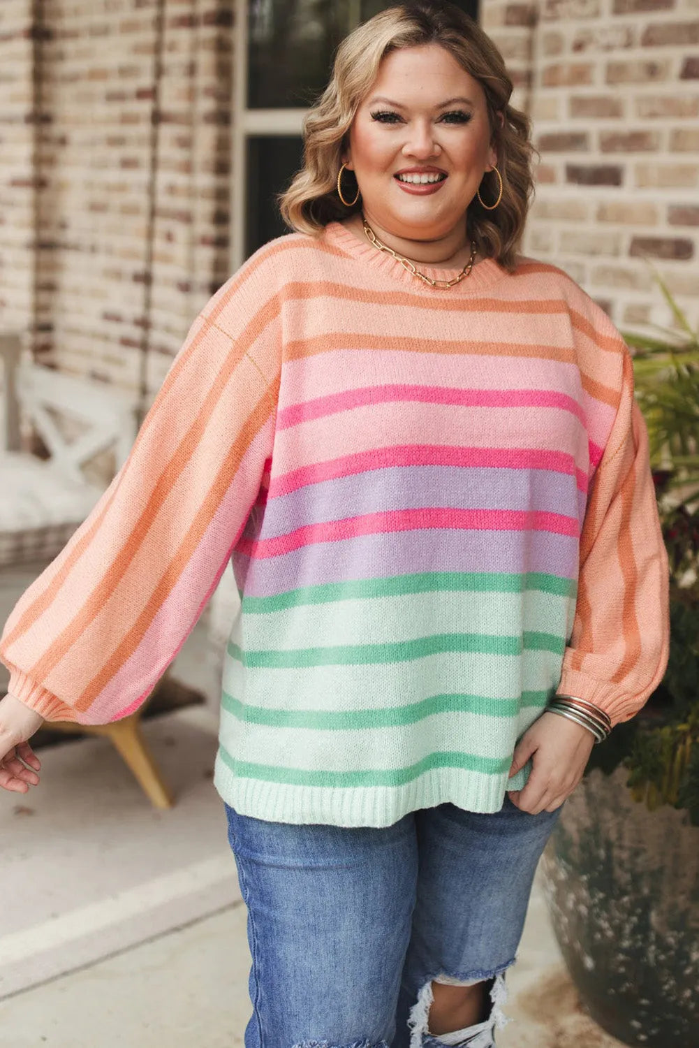 Pink Stripe Color Block Balloon Sleeve Crewneck Plus Size Sweater - Chic Meadow Boutique 