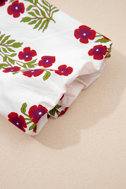 White Floral Short Bubble Sleeve Contrast Slit Neckline Blouse